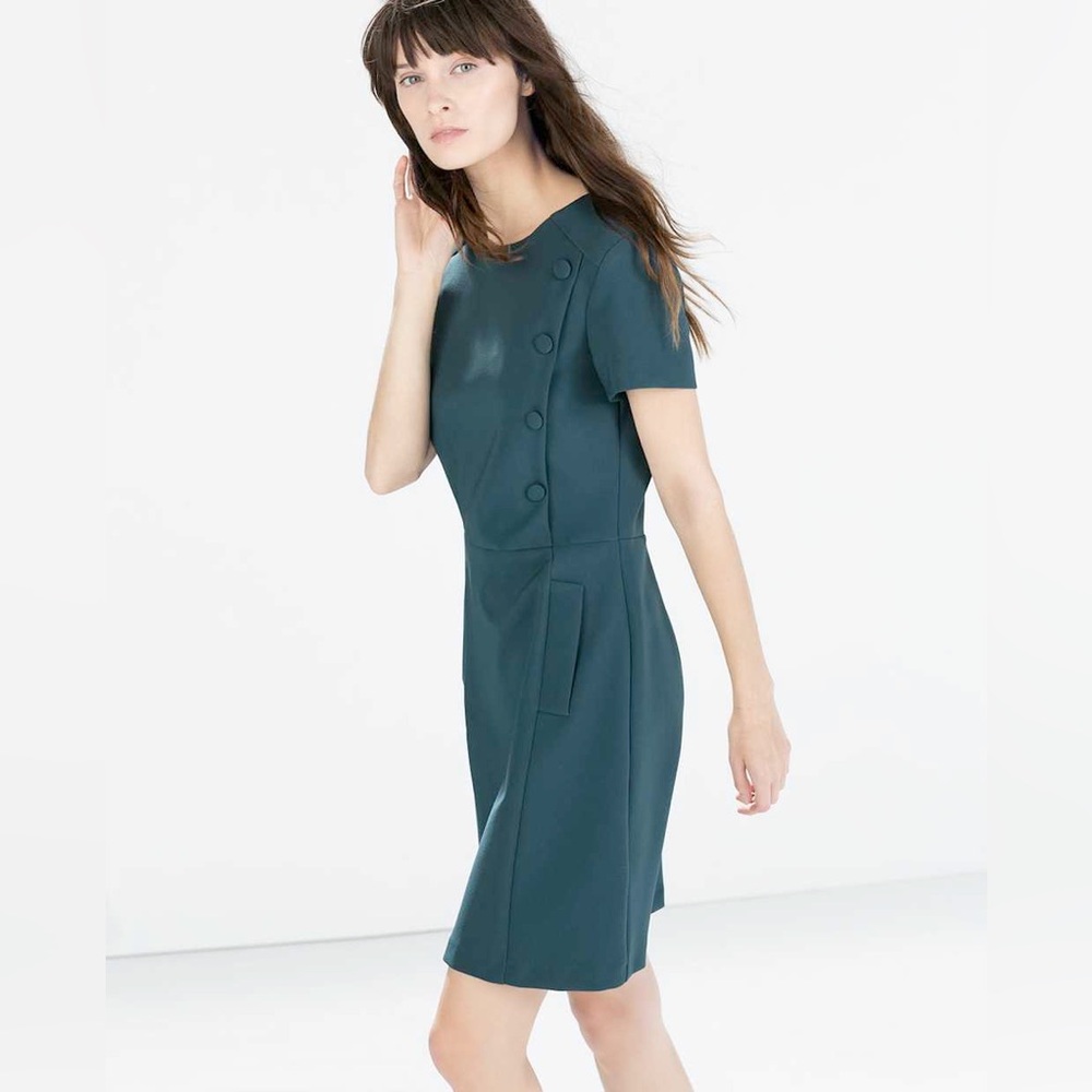 ZARA BASIC Teal Short Sleeve Button Fit & Flare Dress Women